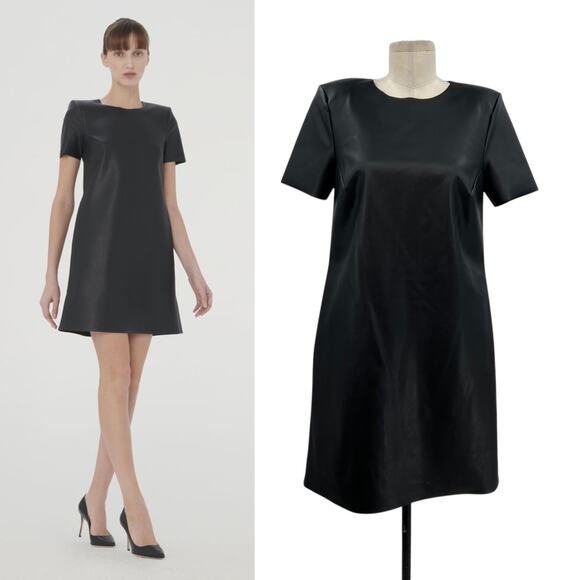 Wolford Vegan Dress Shift Short Sleeve Faux Leather Black Size 40 US 10